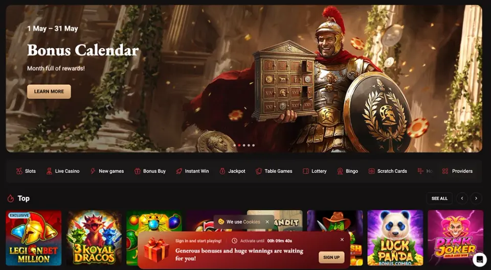 LegionBet casino overview and homescreen